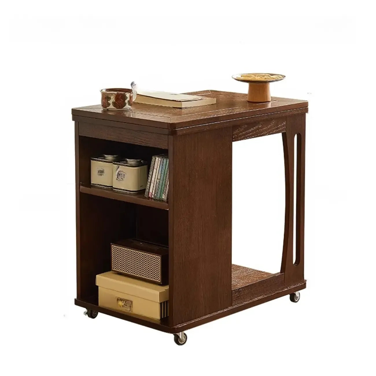 Table d'appoint pliante en bois avec plateau ouvert et roulettes