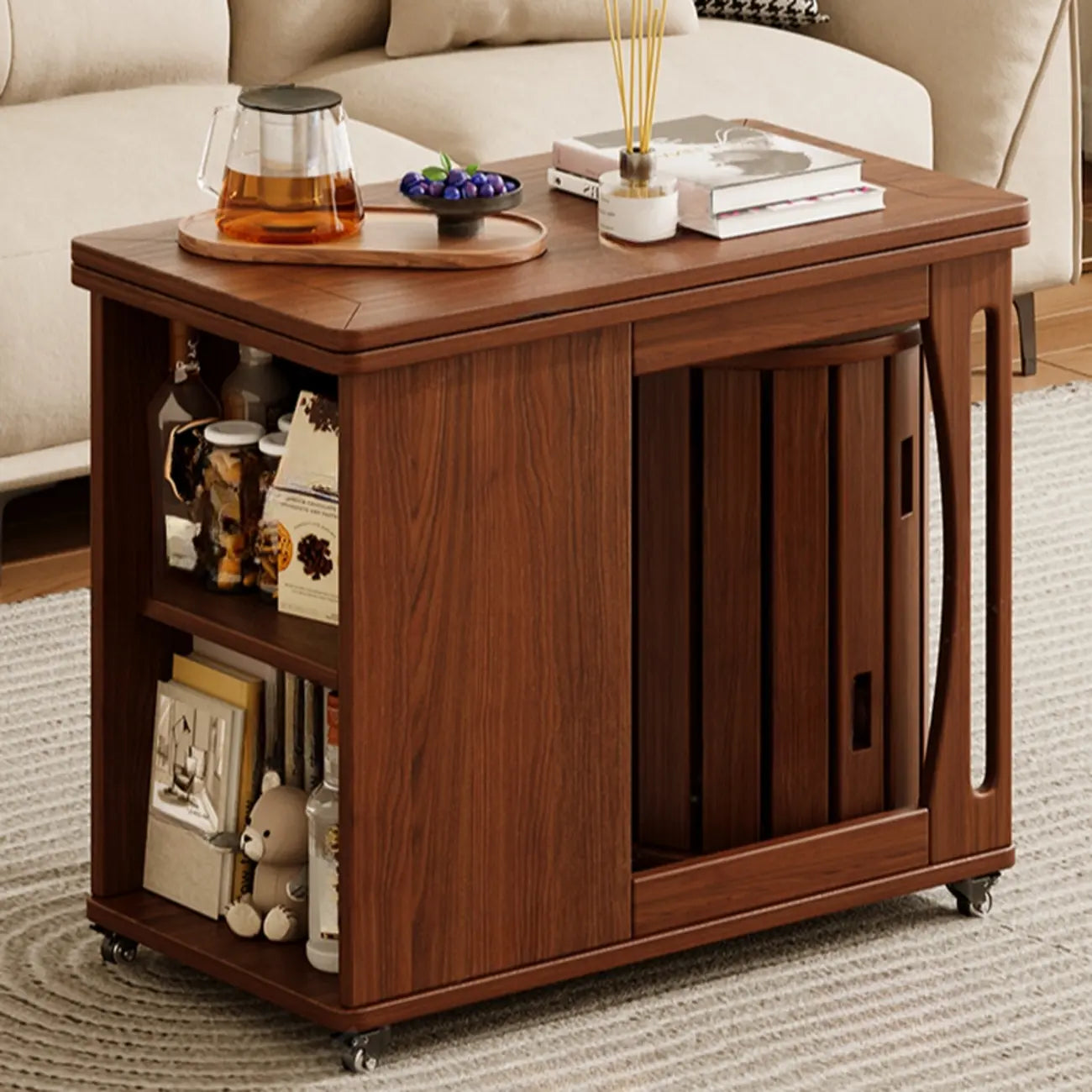 Table d'appoint pliante en bois avec plateau ouvert et roulettes