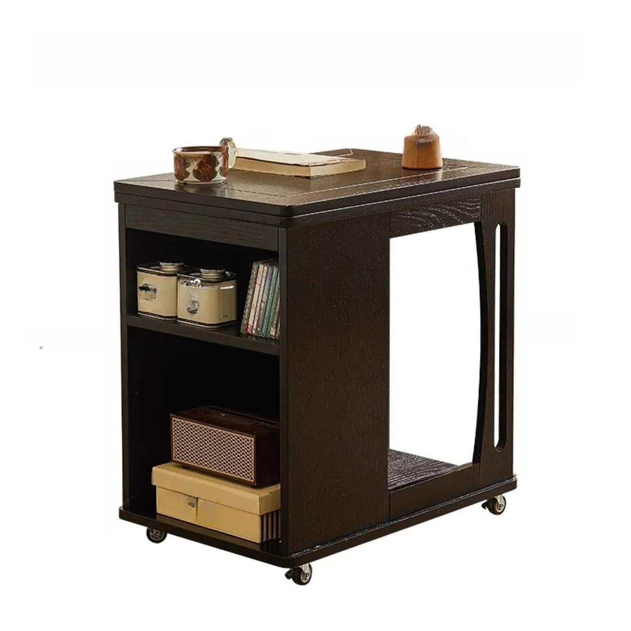 Table d'appoint pliante en bois avec plateau ouvert et roulettes
