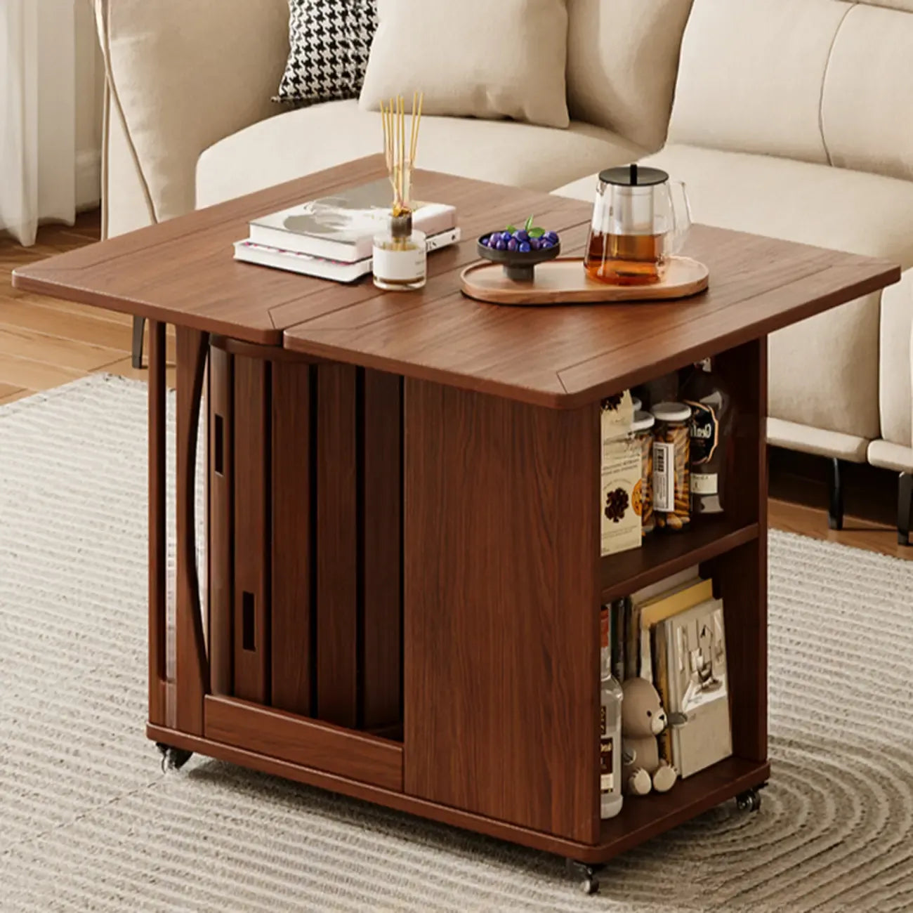 Table d'appoint pliante en bois avec plateau ouvert et roulettes