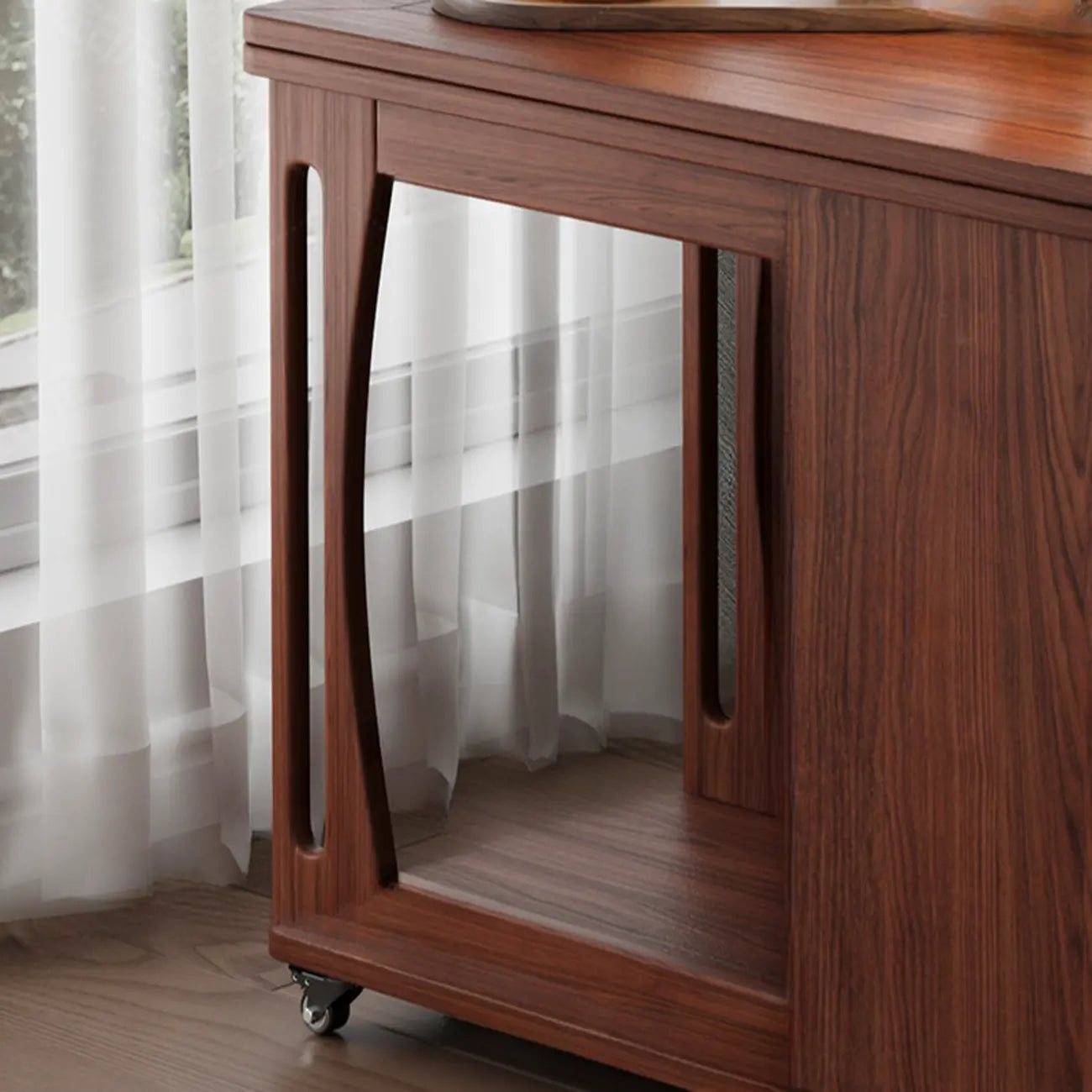 Table d'appoint pliante en bois avec plateau ouvert et roulettes