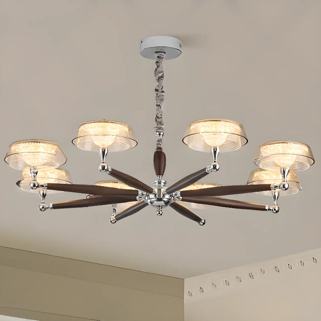 Lustre moderne linéaire en bois, verre et cristal brun
