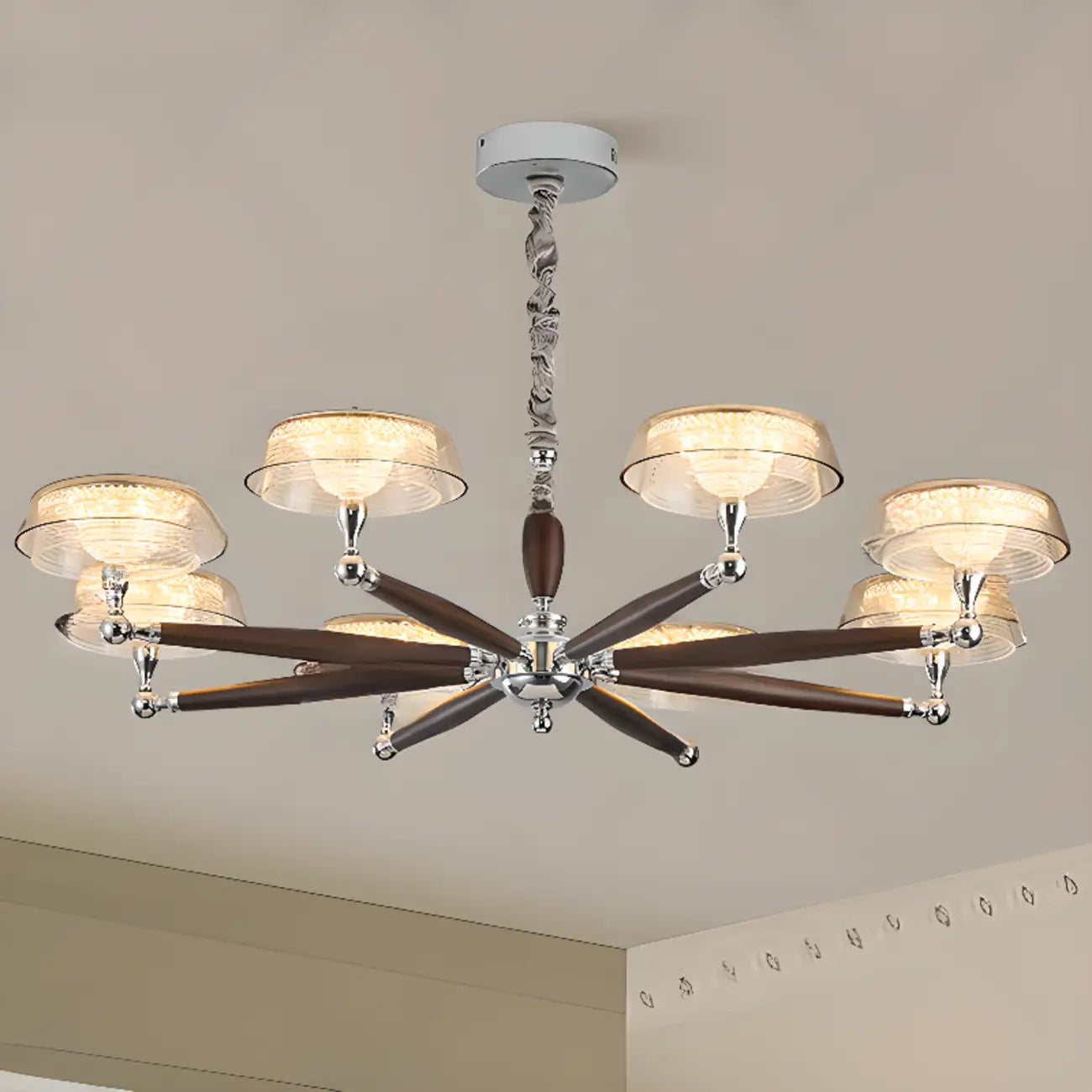 Lustre moderne linéaire en bois, verre et cristal brun