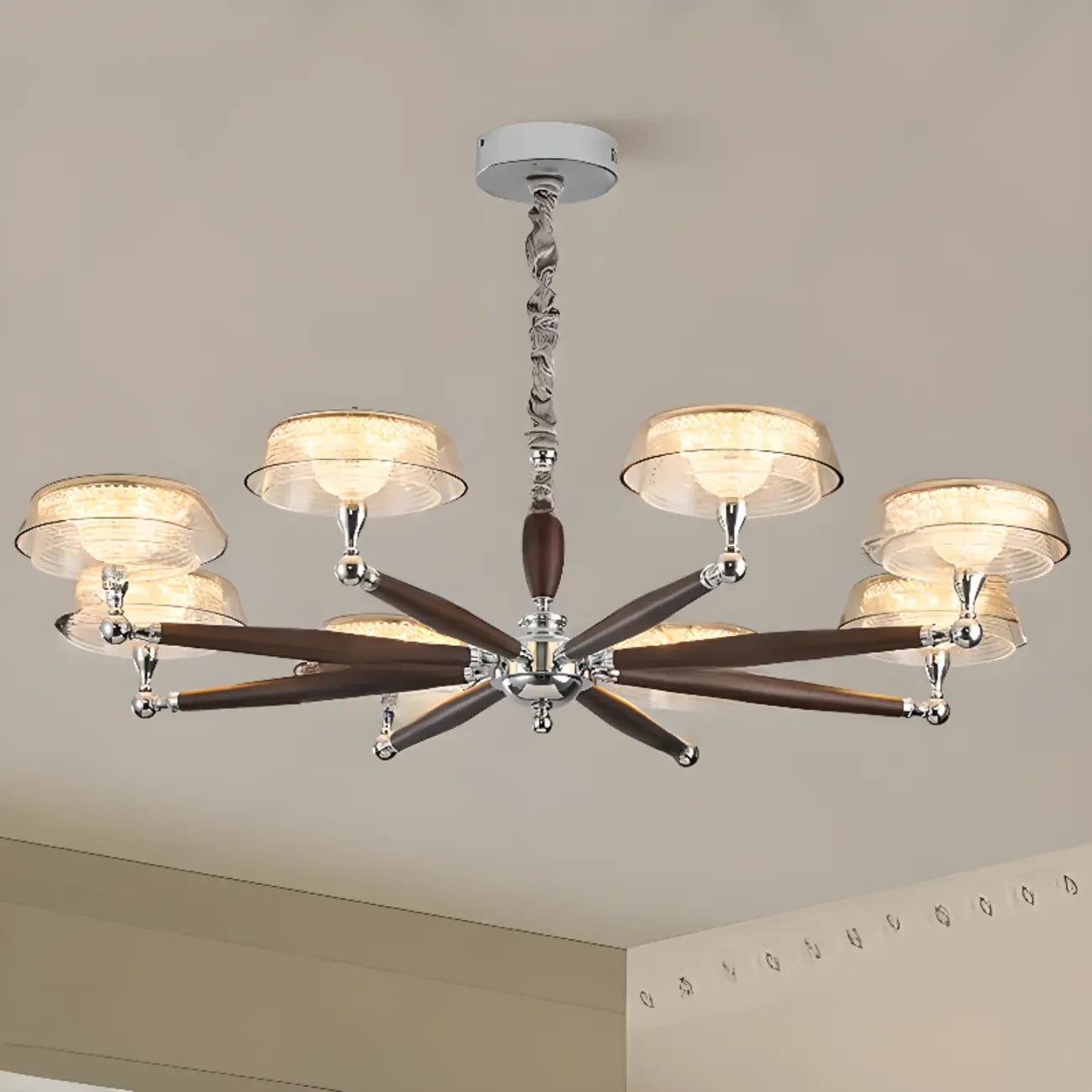 Lustre moderne linéaire en bois, verre et cristal brun