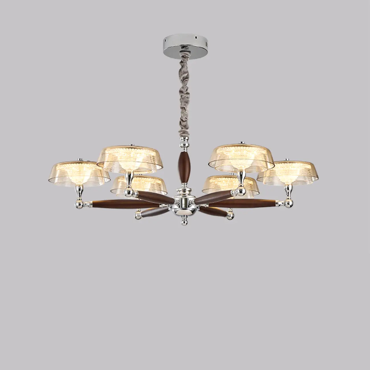 Lustre moderne linéaire en bois, verre et cristal brun
