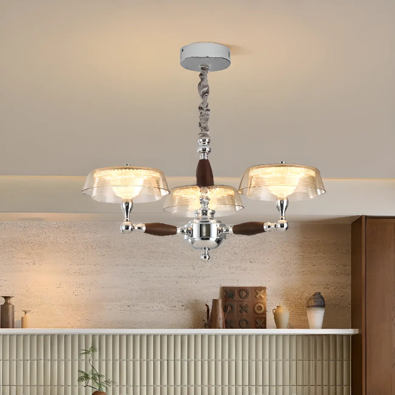 Lustre moderne linéaire en bois, verre et cristal brun