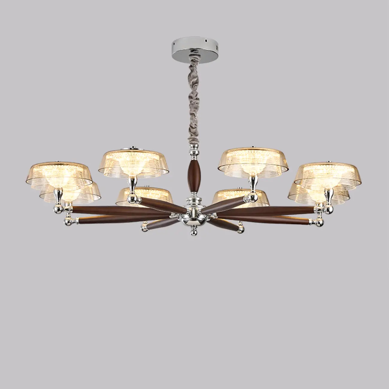 Lustre moderne linéaire en bois, verre et cristal brun