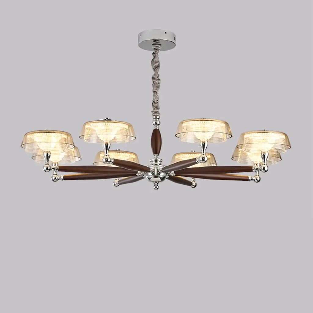 Lustre moderne linéaire en bois, verre et cristal brun