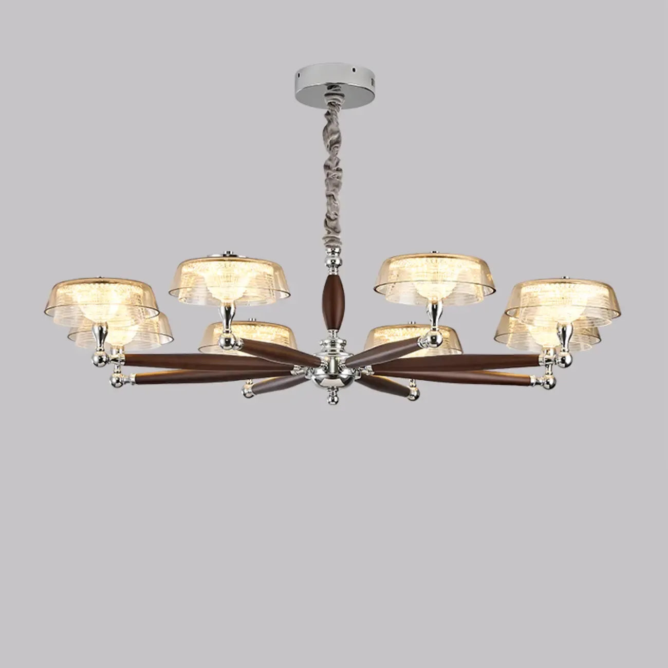 Lustre moderne linéaire en bois, verre et cristal brun