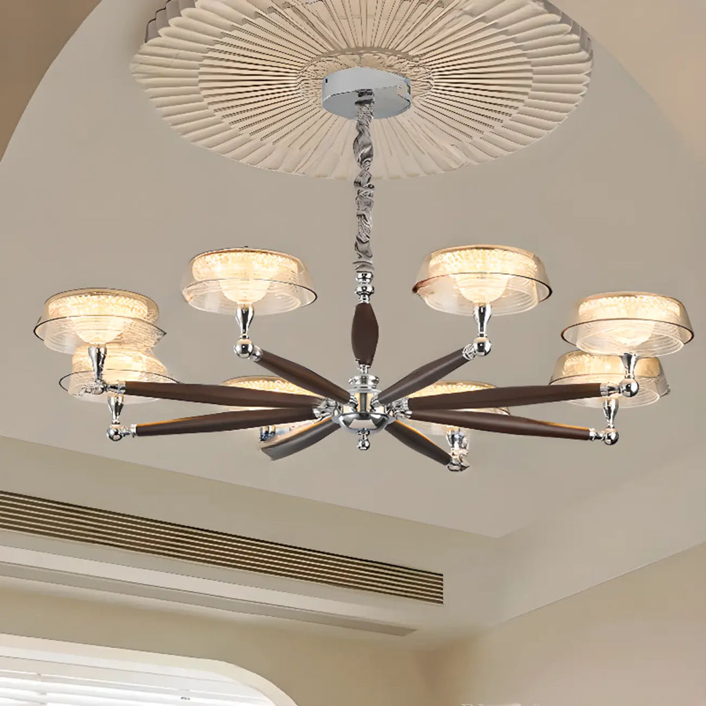 Lustre moderne linéaire en bois, verre et cristal brun