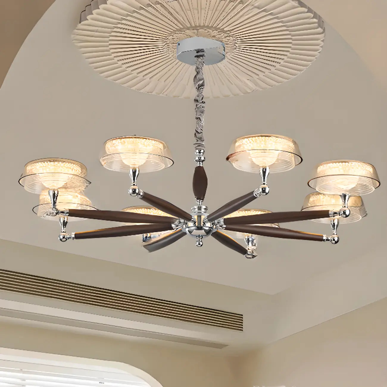 Lustre moderne linéaire en bois, verre et cristal brun