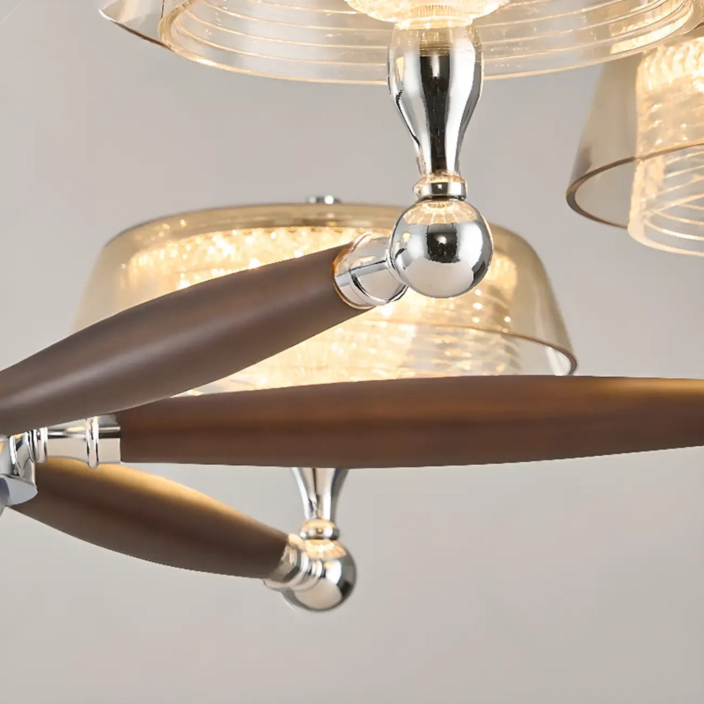 Lustre moderne linéaire en bois, verre et cristal brun