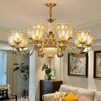 Lustre moderne linéaire en cristal et verre doré à motif floral