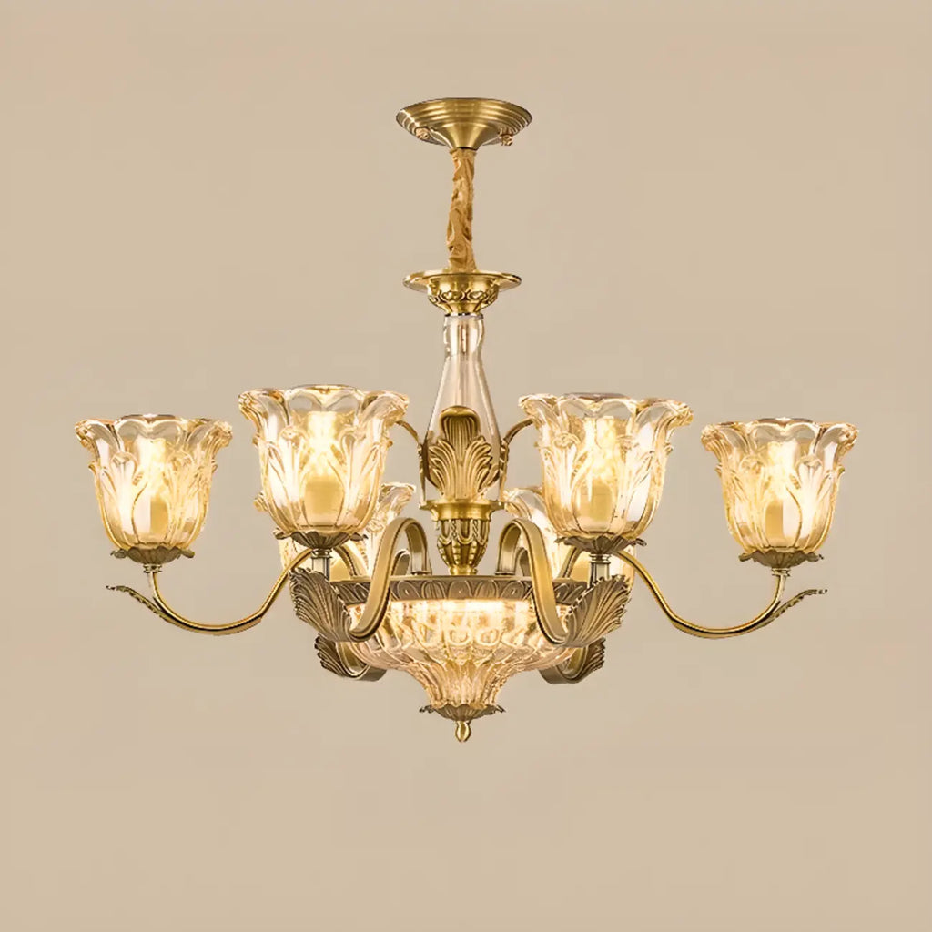 Lustre moderne linéaire en cristal et verre doré à motif floral
