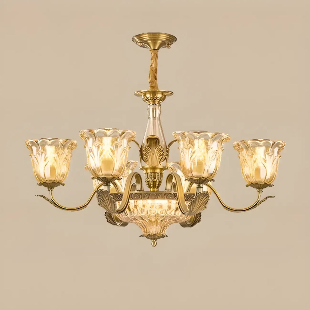 Lustre moderne linéaire en cristal et verre doré à motif floral