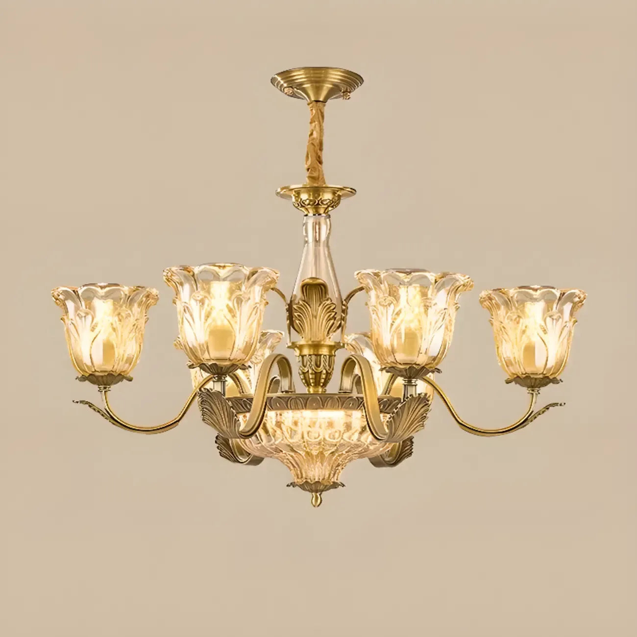 Lustre moderne linéaire en cristal et verre doré à motif floral