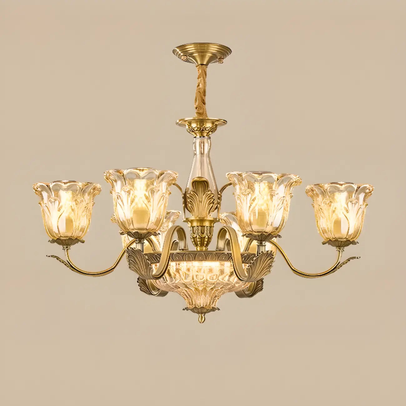Lustre moderne linéaire en cristal et verre doré à motif floral