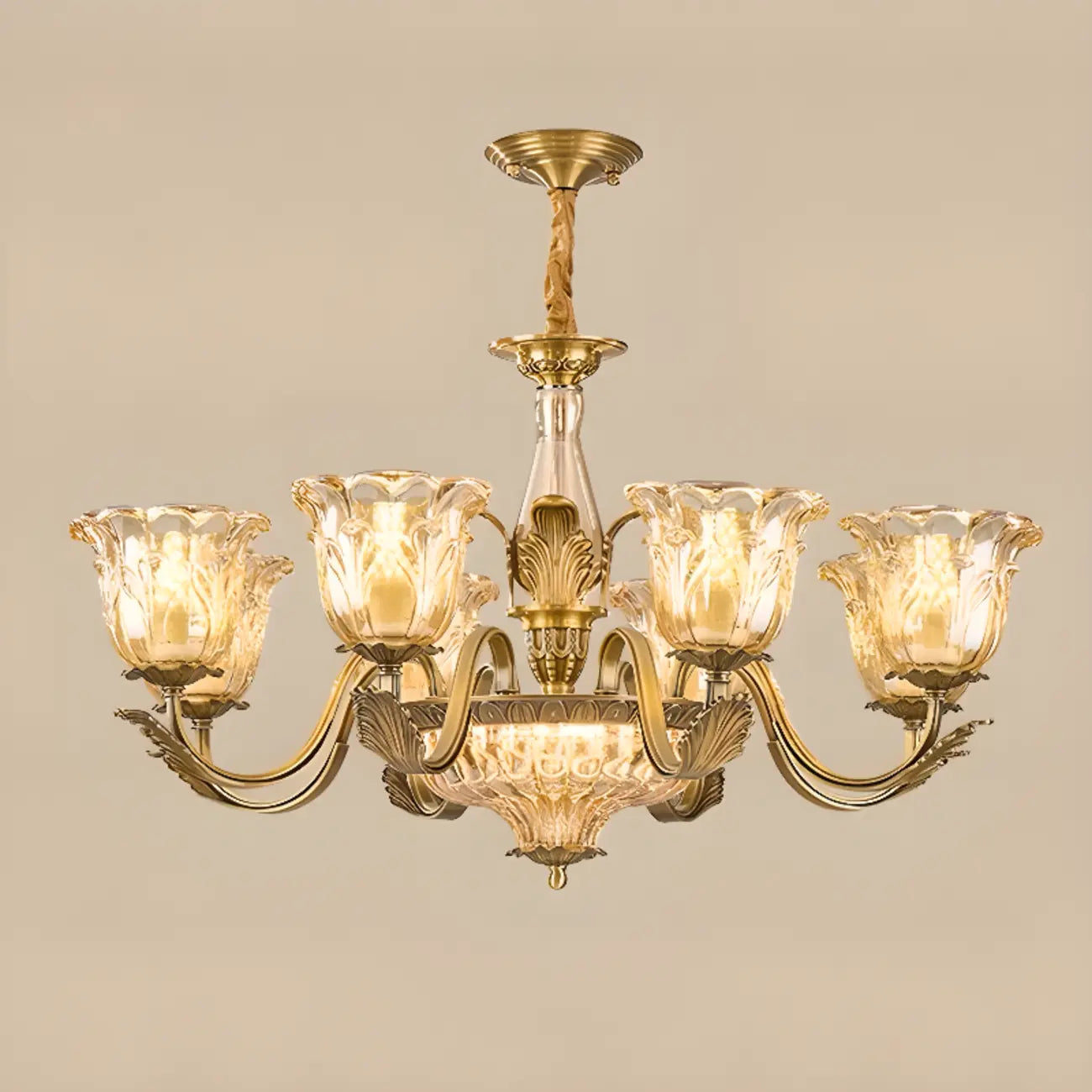 Lustre moderne linéaire en cristal et verre doré à motif floral