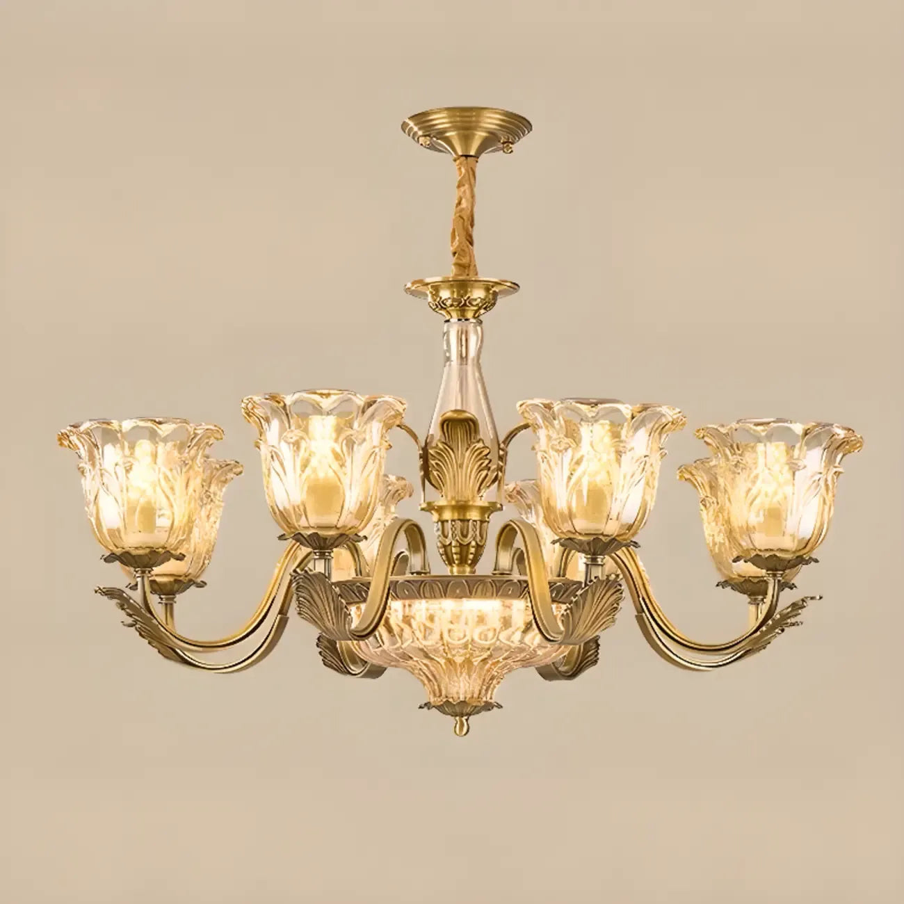 Lustre moderne linéaire en cristal et verre doré à motif floral