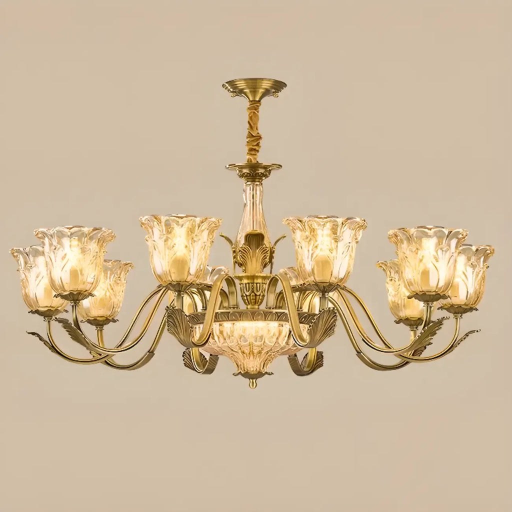Lustre moderne linéaire en cristal et verre doré à motif floral