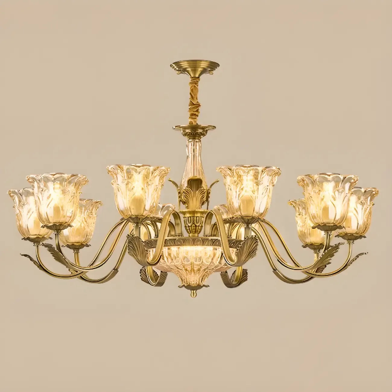 Lustre moderne linéaire en cristal et verre doré à motif floral