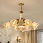 Lustre moderne linéaire en cristal et verre doré à motif floral