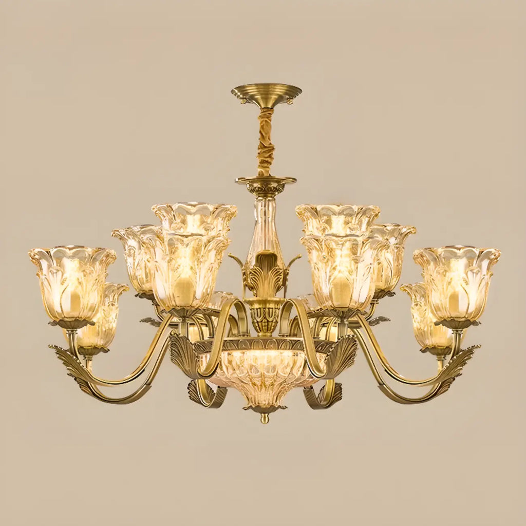 Lustre moderne linéaire en cristal et verre doré à motif floral