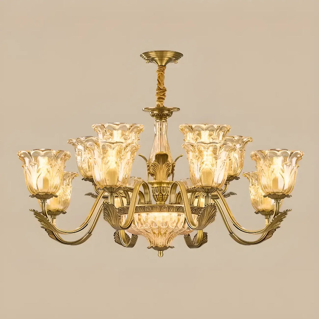 Lustre moderne linéaire en cristal et verre doré à motif floral