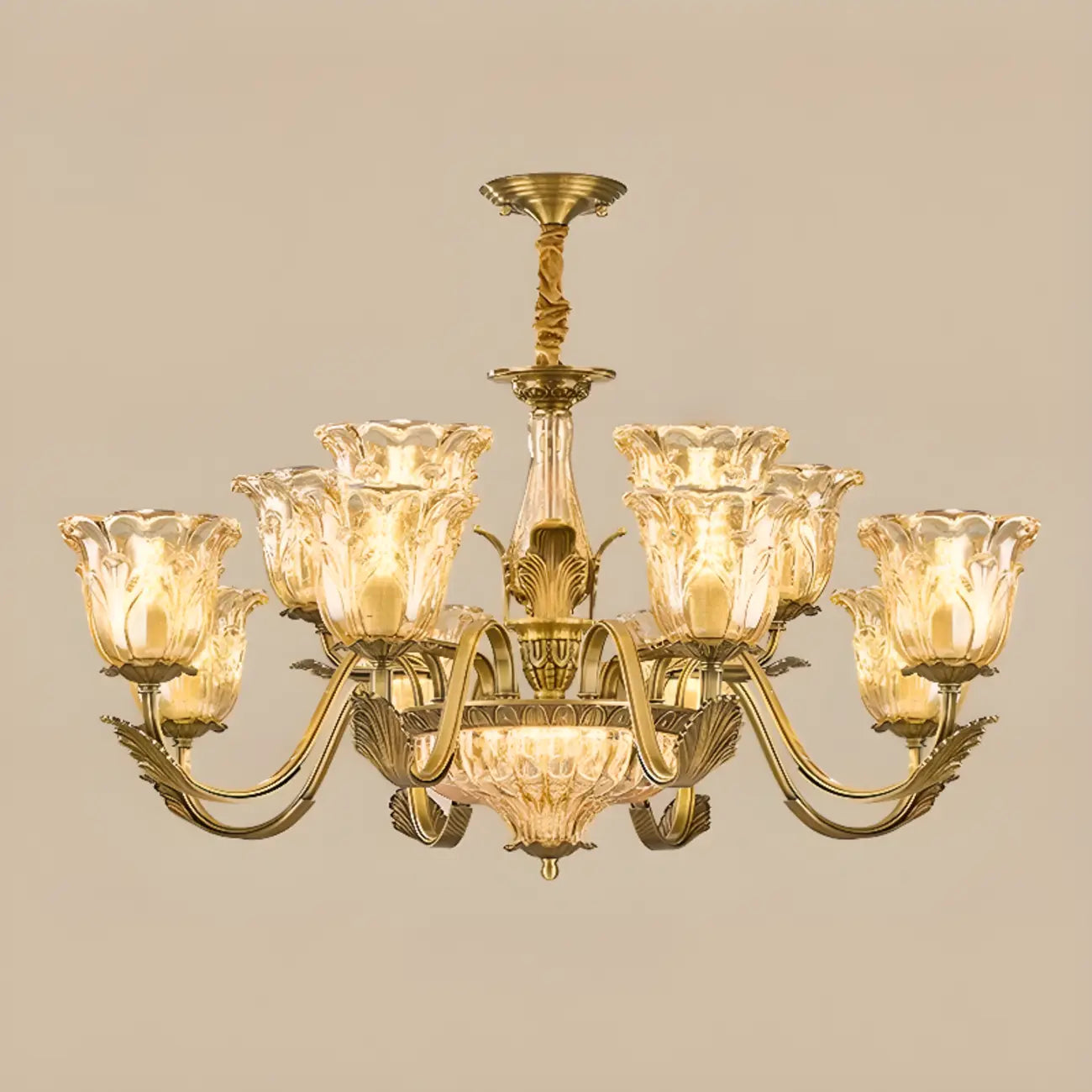 Lustre moderne linéaire en cristal et verre doré à motif floral