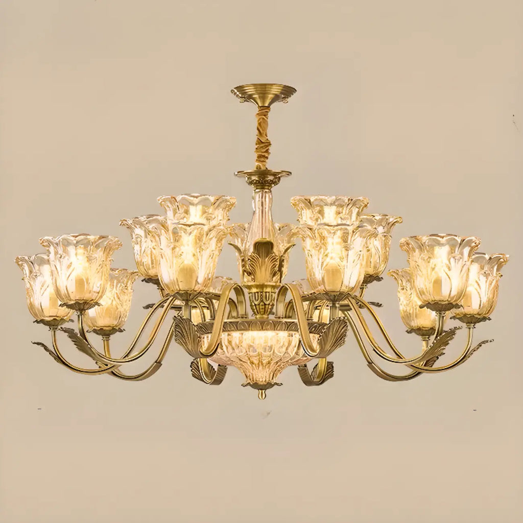 Lustre moderne linéaire en cristal et verre doré à motif floral