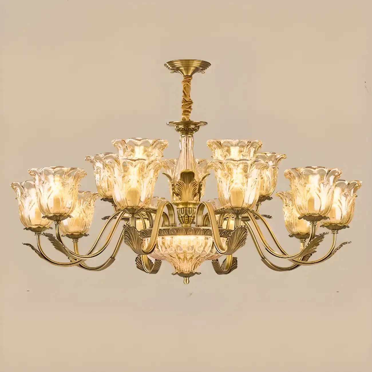 Lustre moderne linéaire en cristal et verre doré à motif floral