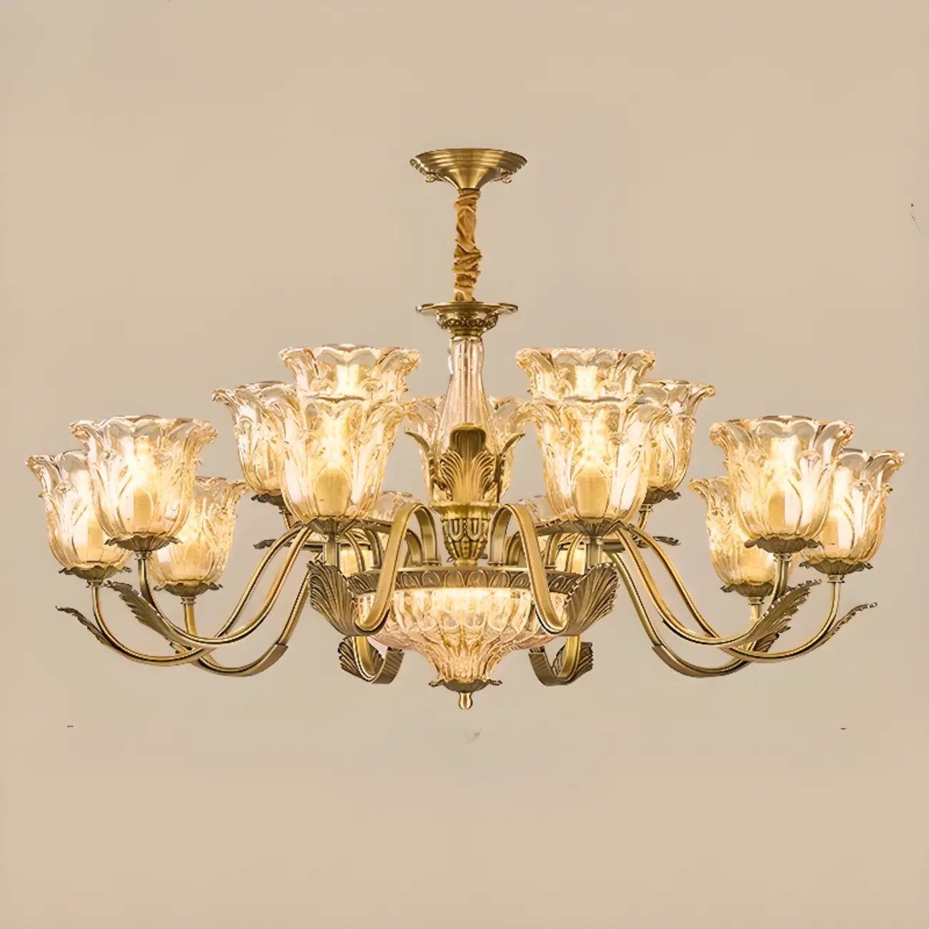 Lustre moderne linéaire en cristal et verre doré à motif floral