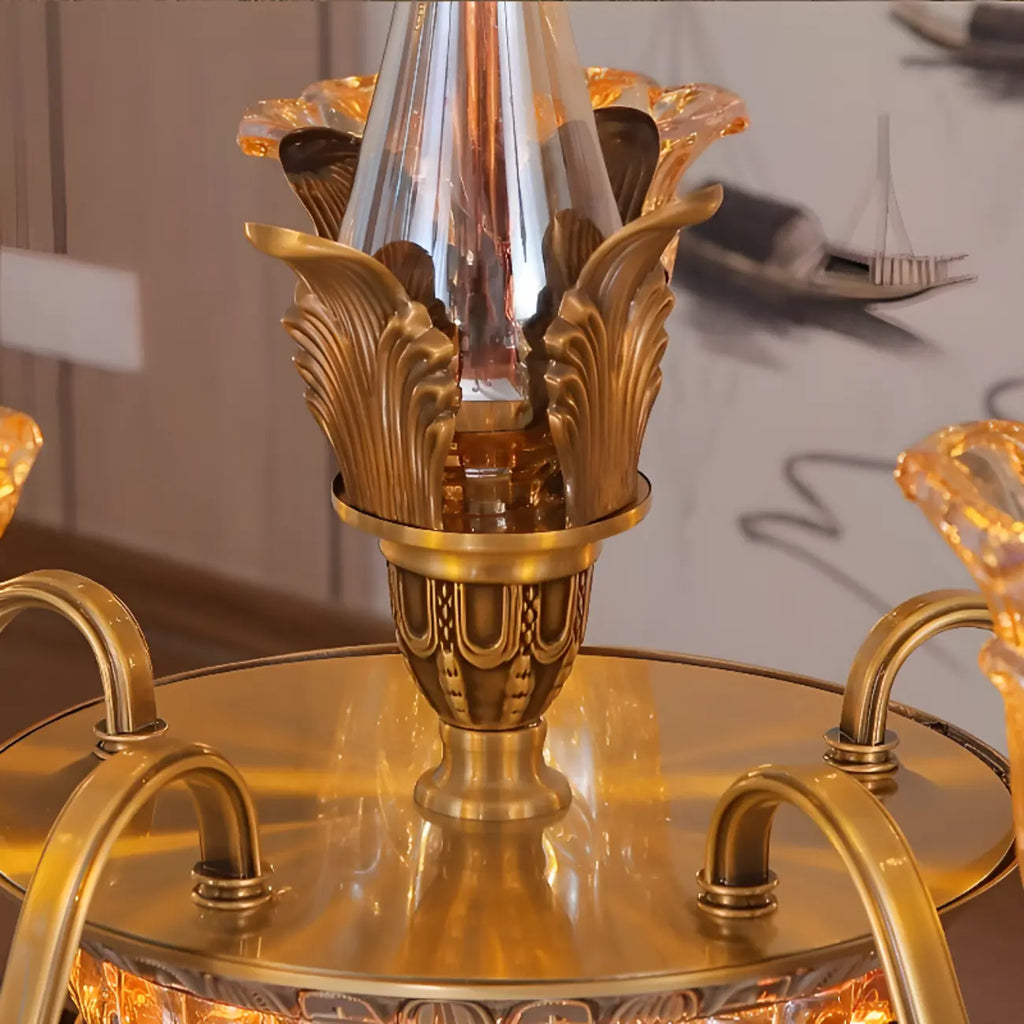 Lustre moderne linéaire en cristal et verre doré à motif floral
