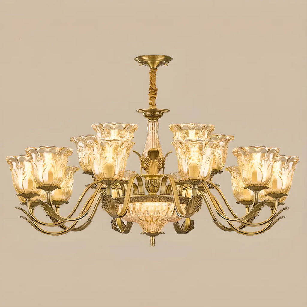 Lustre moderne linéaire en cristal et verre doré à motif floral