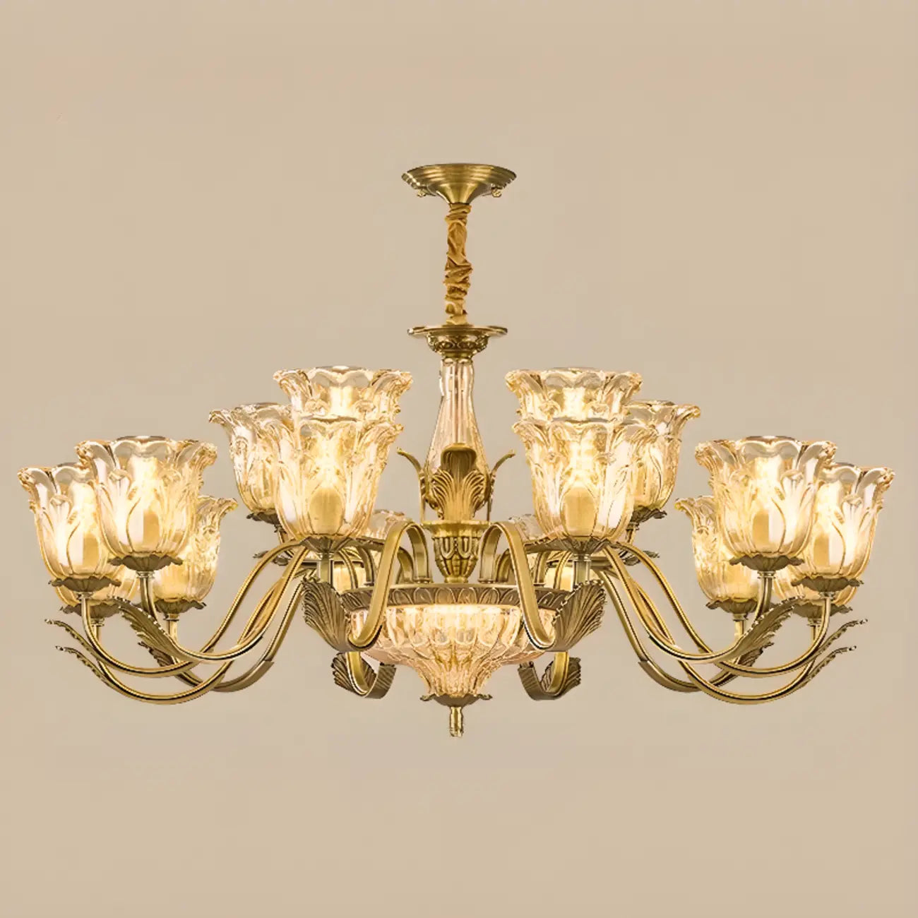 Lustre moderne linéaire en cristal et verre doré à motif floral