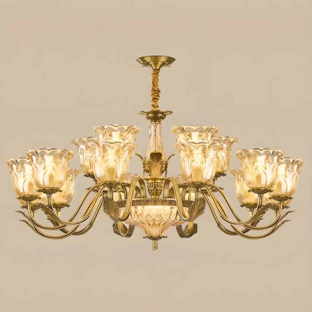 Lustre moderne linéaire en cristal et verre doré à motif floral