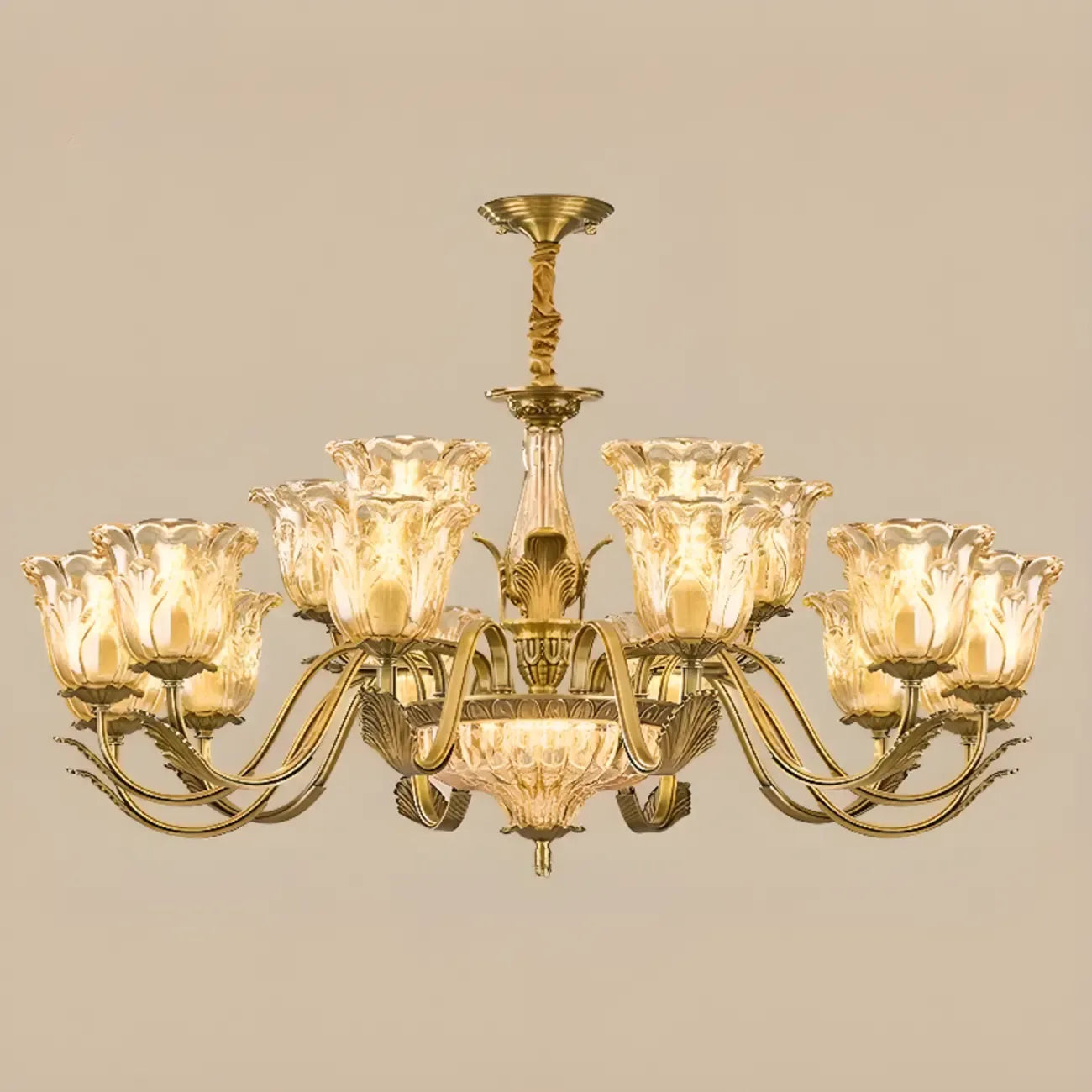 Lustre moderne linéaire en cristal et verre doré à motif floral