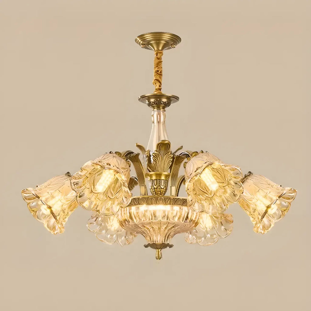 Lustre moderne linéaire en cristal et verre doré à motif floral