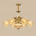 Lustre moderne linéaire en cristal et verre doré à motif floral