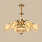 Lustre moderne linéaire en cristal et verre doré à motif floral