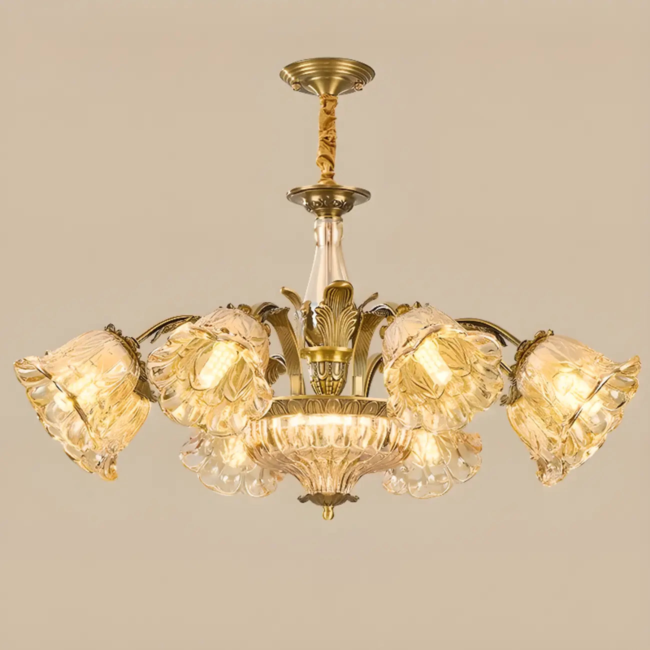 Lustre moderne linéaire en cristal et verre doré à motif floral