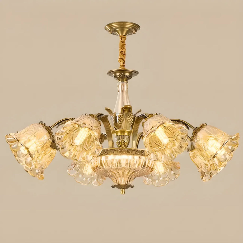 Lustre moderne linéaire en cristal et verre doré à motif floral