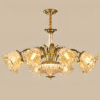 Lustre moderne linéaire en cristal et verre doré à motif floral