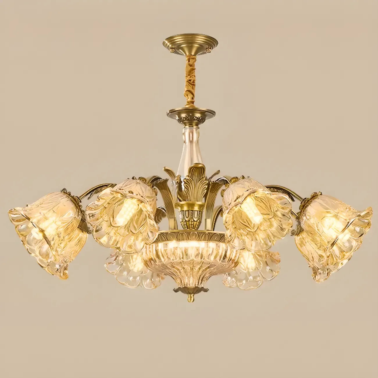 Lustre moderne linéaire en cristal et verre doré à motif floral