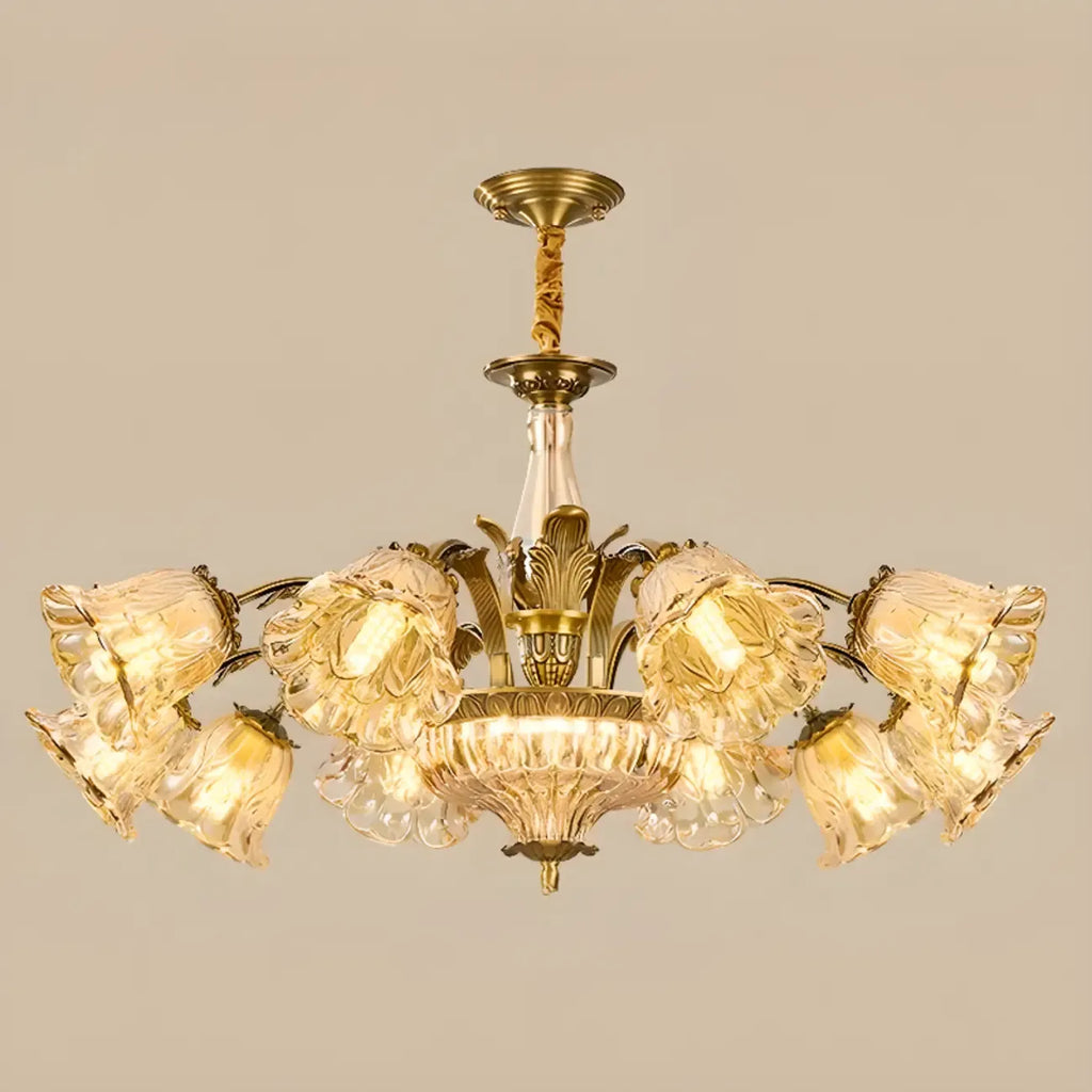 Lustre moderne linéaire en cristal et verre doré à motif floral