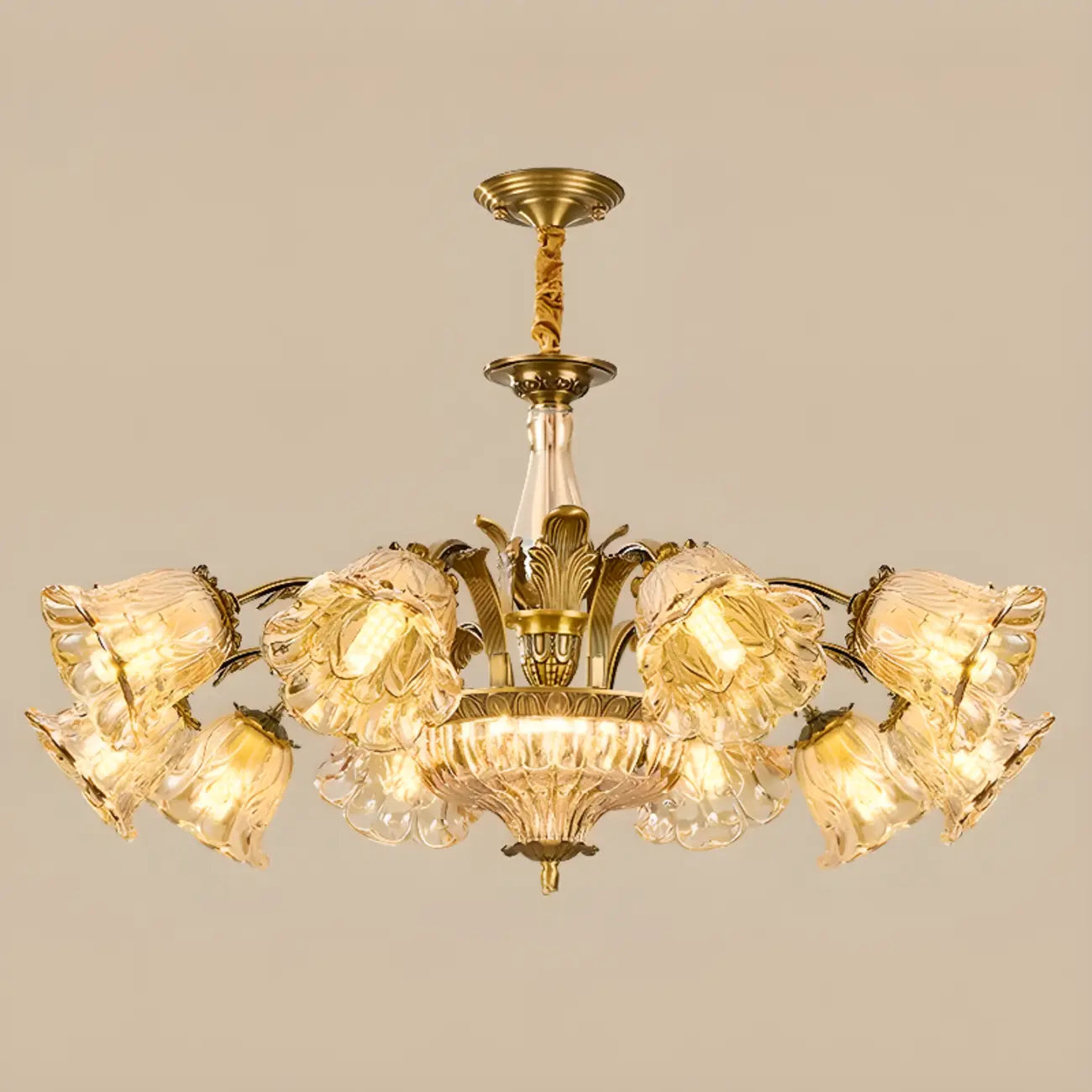 Lustre moderne linéaire en cristal et verre doré à motif floral