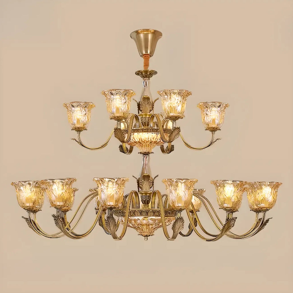 Lustre moderne linéaire en cristal et verre doré à motif floral