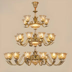 Lustre moderne linéaire en cristal et verre doré à motif floral