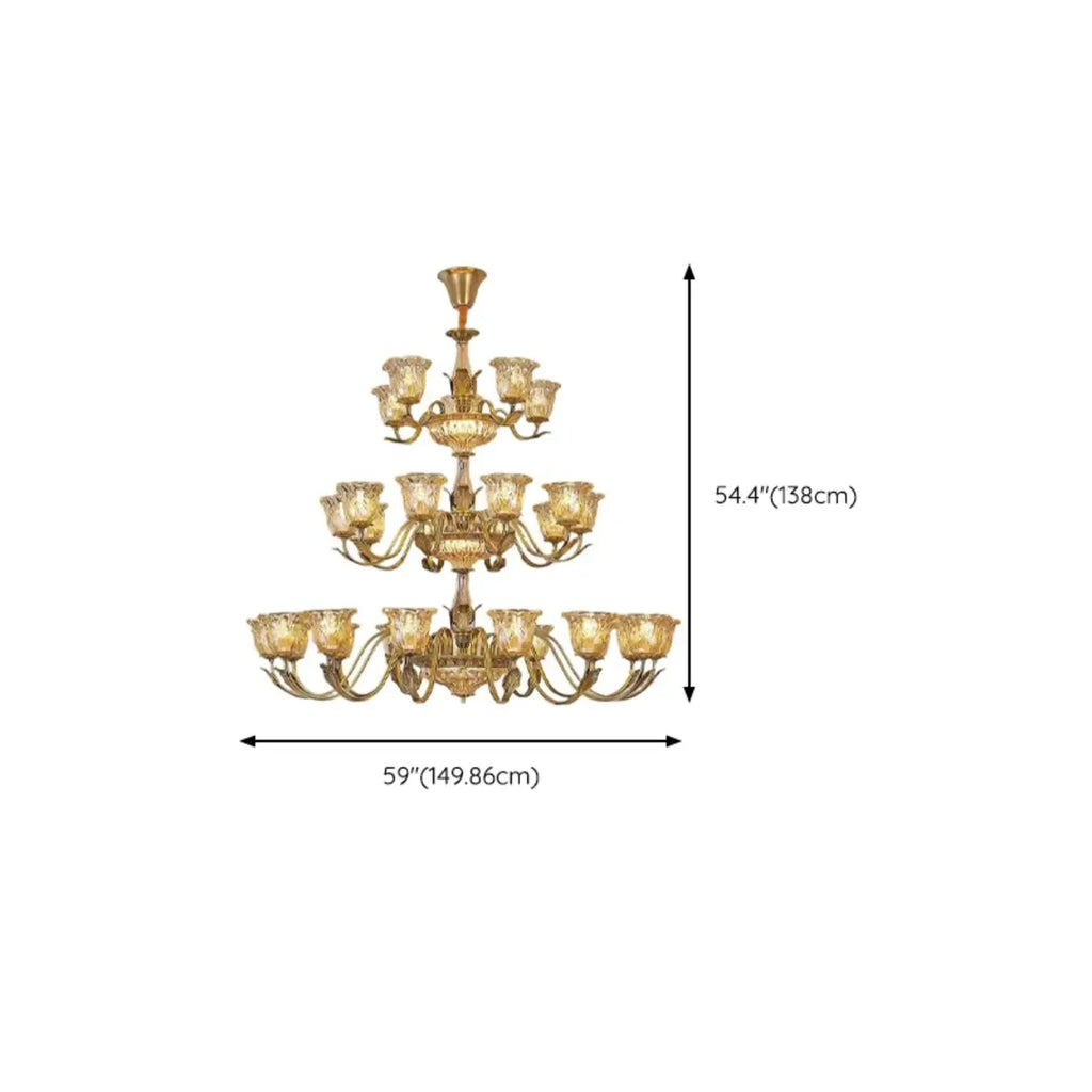 Lustre moderne linéaire en cristal et verre doré à motif floral