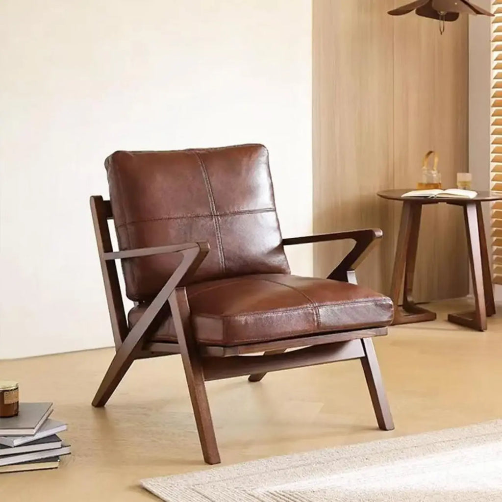 Fauteuil en cuir pleine fleur, style moderne du milieu du siècle, structure en bois